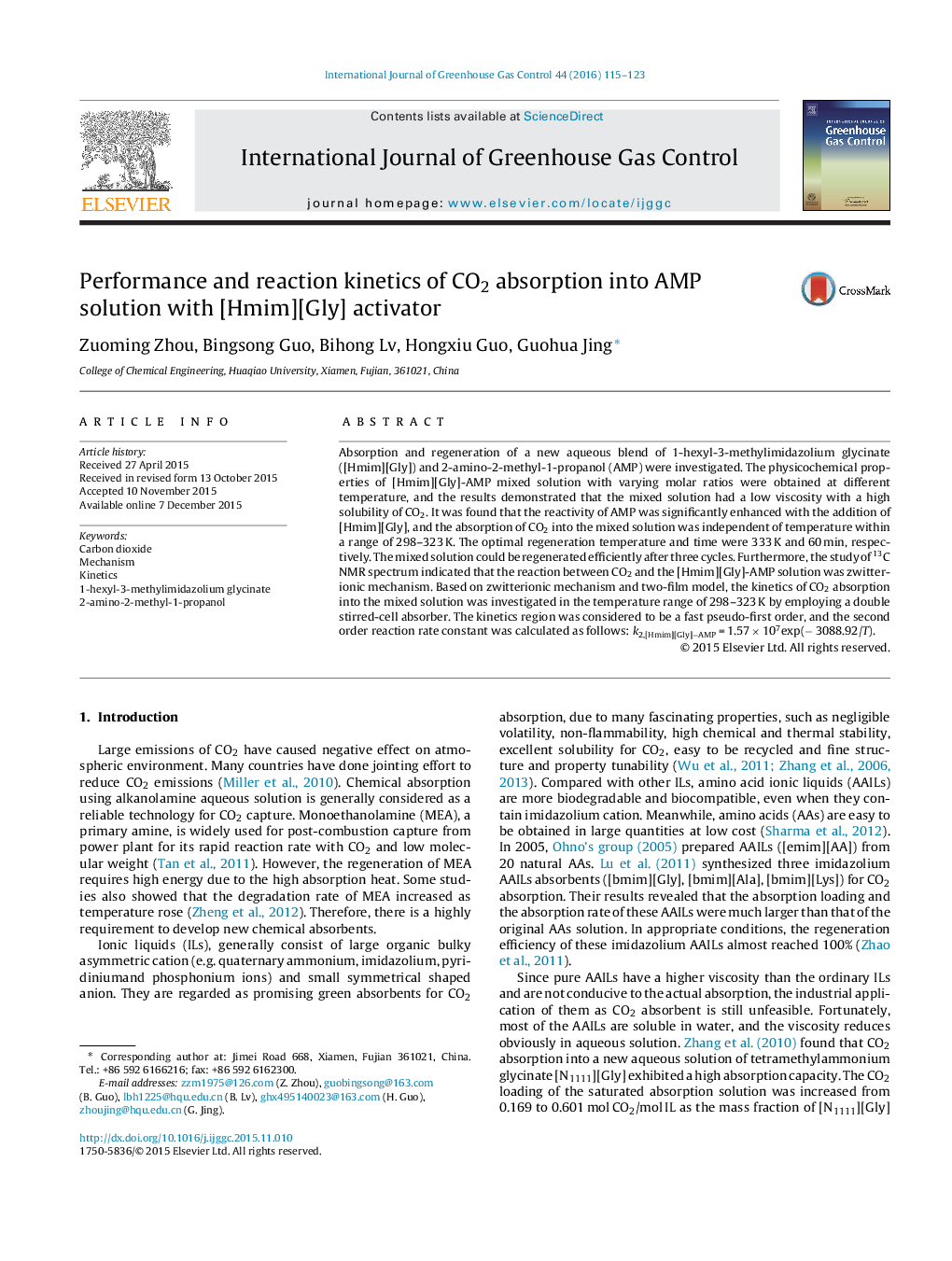 Performance and reaction kinetics of CO2 absorption into AMP solution with [Hmim][Gly] activator