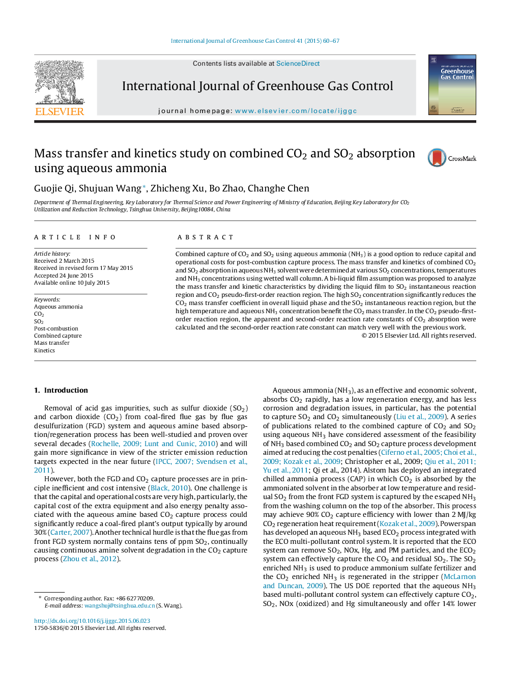 Mass transfer and kinetics study on combined CO2 and SO2 absorption using aqueous ammonia