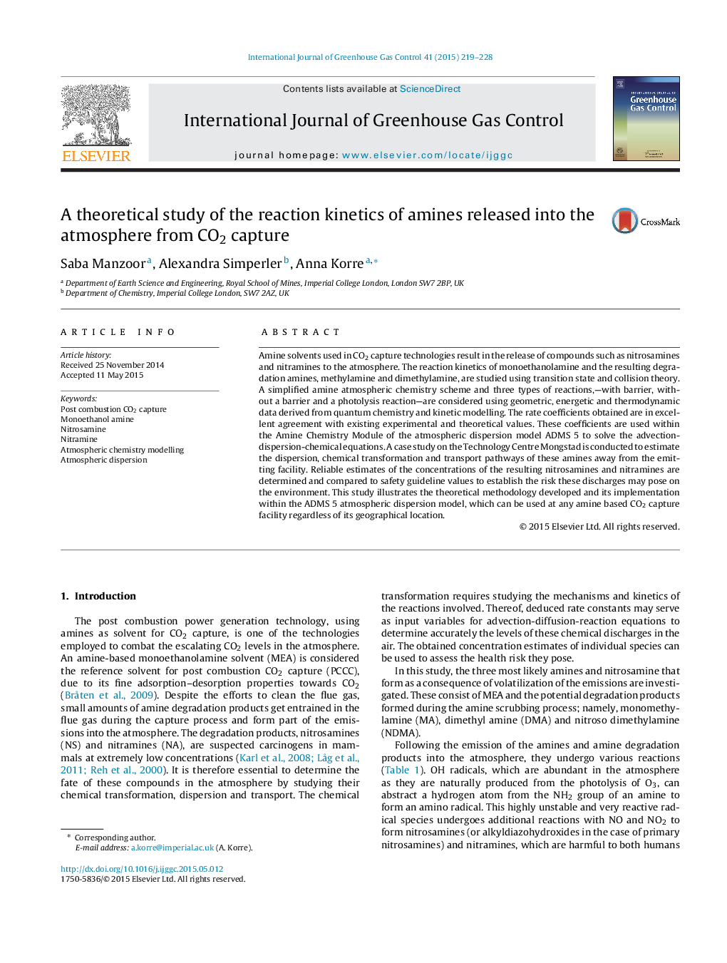 A theoretical study of the reaction kinetics of amines released into the atmosphere from CO2 capture