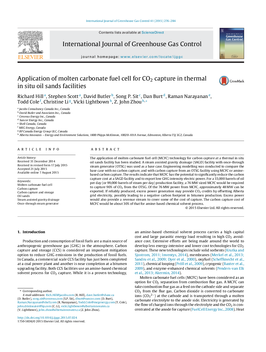 Application of molten carbonate fuel cell for CO2 capture in thermal in situ oil sands facilities