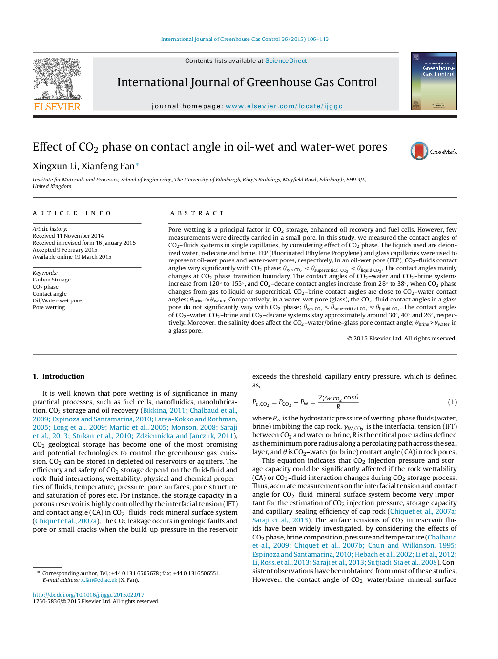 Effect of CO2 phase on contact angle in oil-wet and water-wet pores