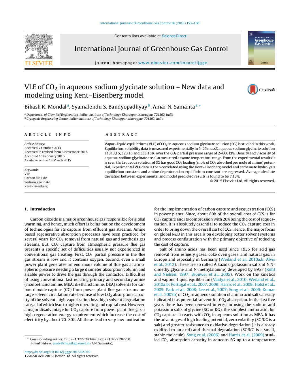 VLE of CO2 in aqueous sodium glycinate solution – New data and modeling using Kent–Eisenberg model