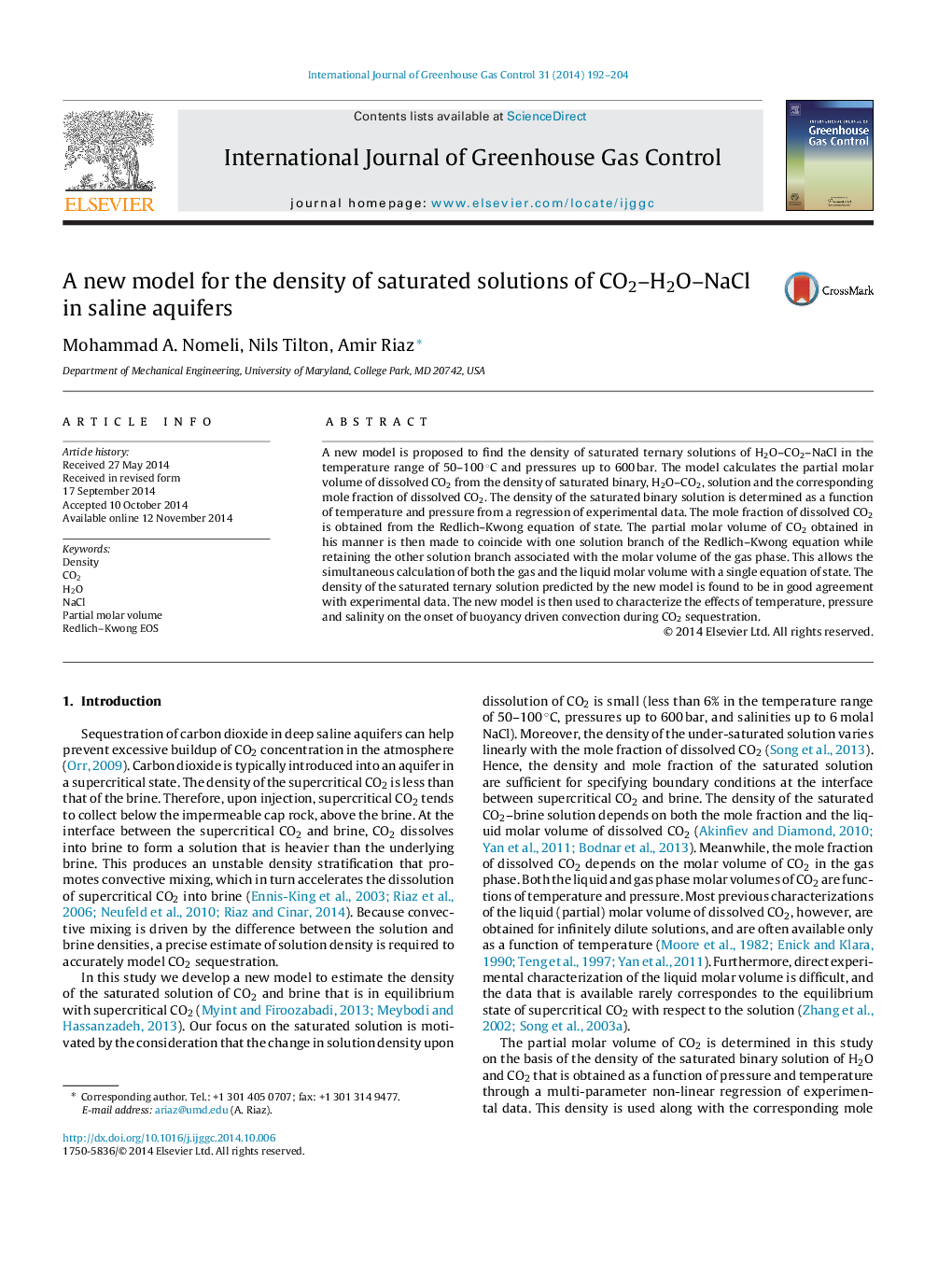 A new model for the density of saturated solutions of CO2–H2O–NaCl in saline aquifers