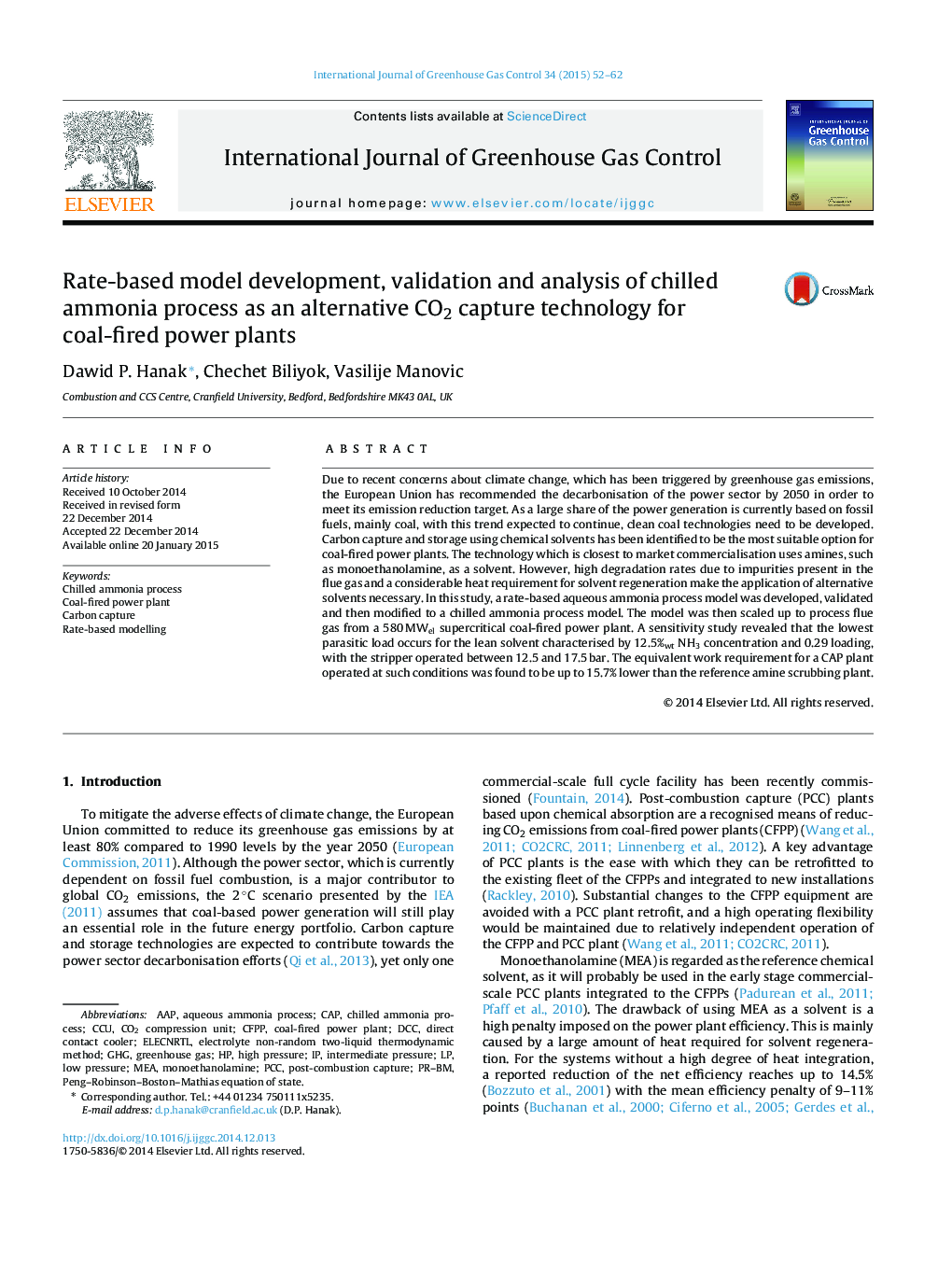 Rate-based model development, validation and analysis of chilled ammonia process as an alternative CO2 capture technology for coal-fired power plants