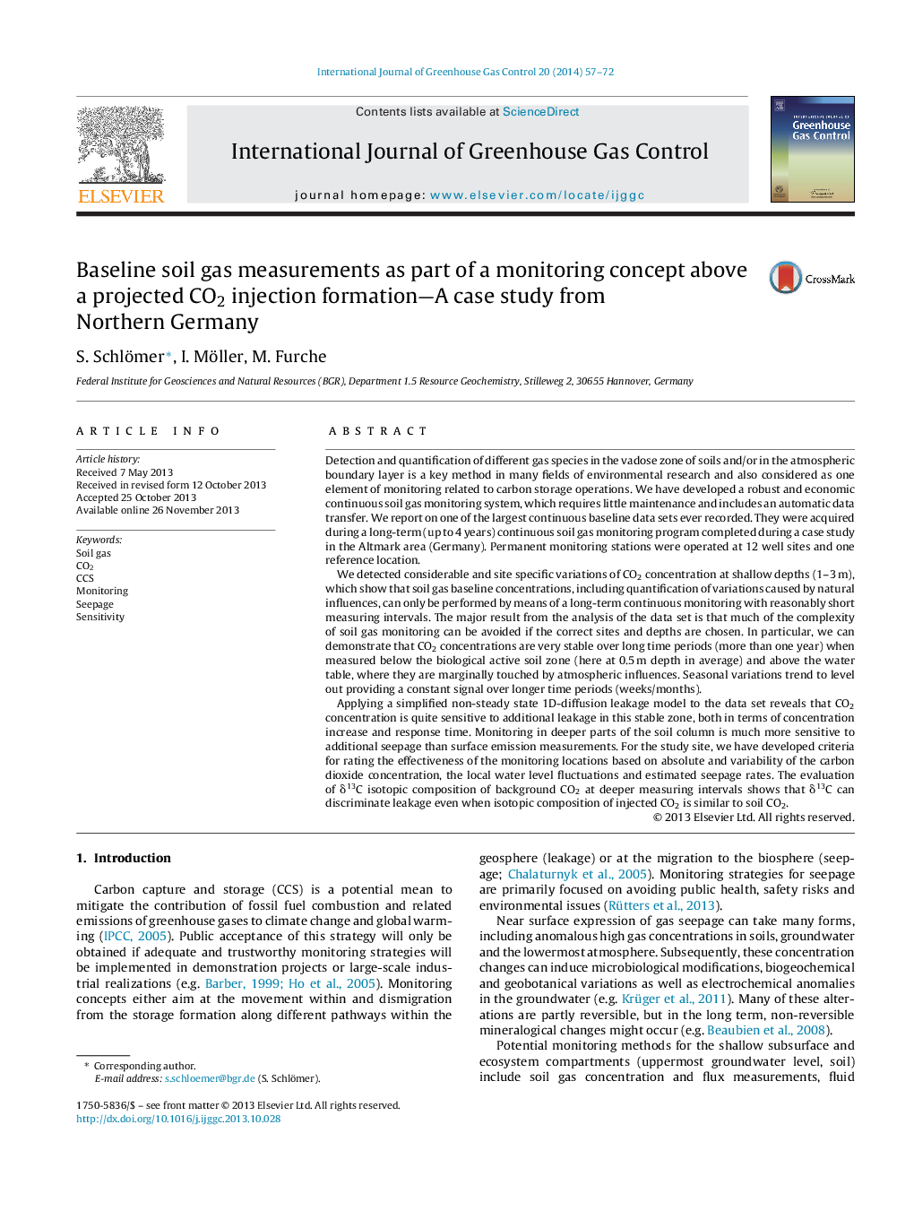 Baseline soil gas measurements as part of a monitoring concept above a projected CO2 injection formation-A case study from Northern Germany