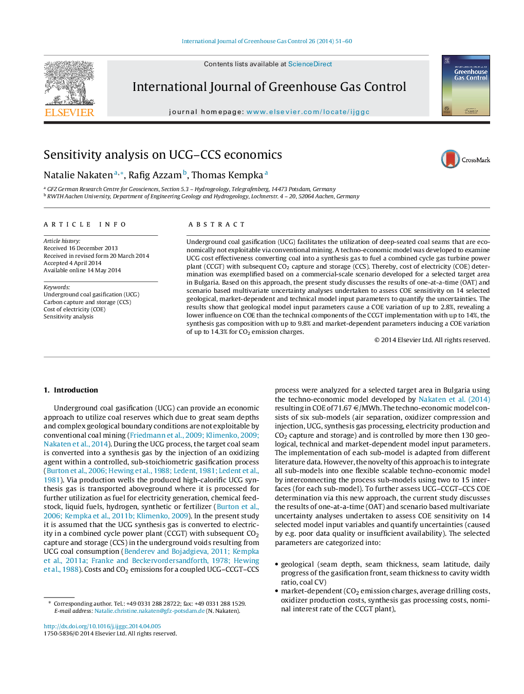 Sensitivity analysis on UCG–CCS economics