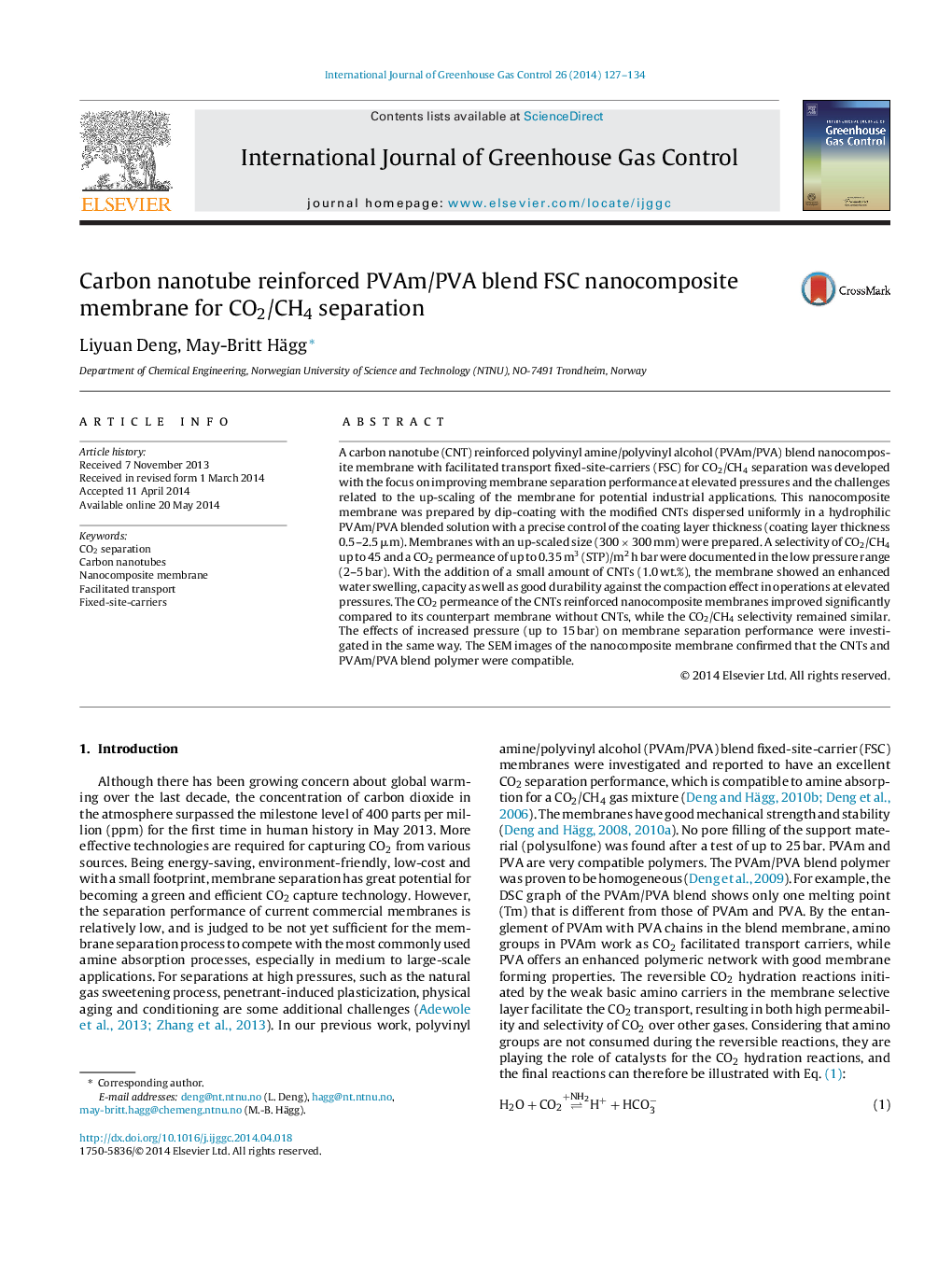 Carbon nanotube reinforced PVAm/PVA blend FSC nanocomposite membrane for CO2/CH4 separation