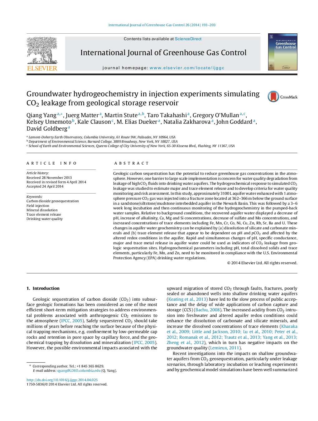 Groundwater hydrogeochemistry in injection experiments simulating CO2 leakage from geological storage reservoir