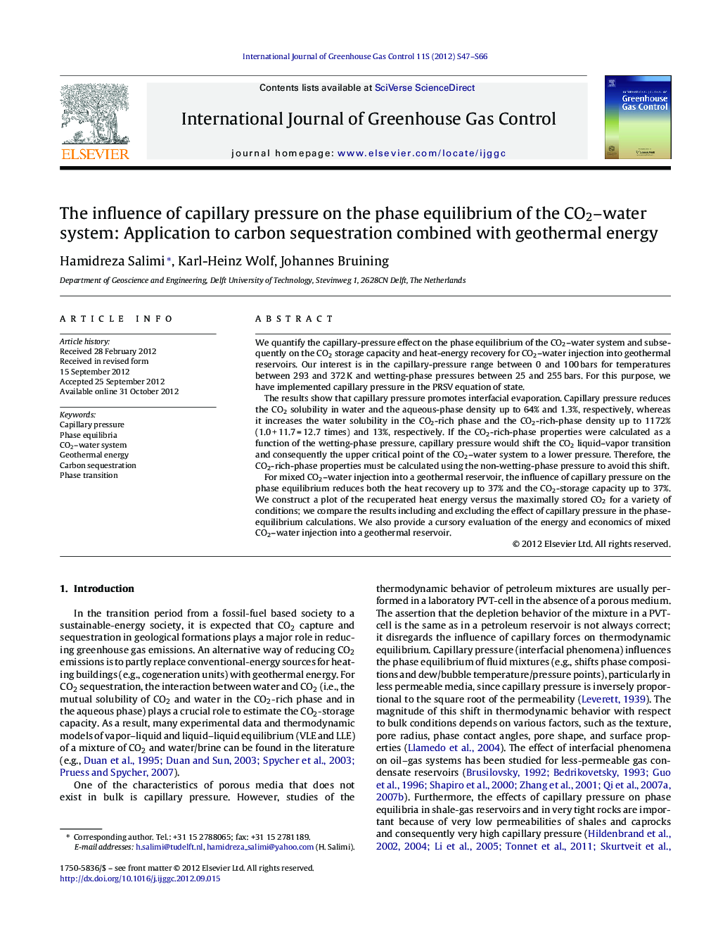 The influence of capillary pressure on the phase equilibrium of the CO2–water system: Application to carbon sequestration combined with geothermal energy