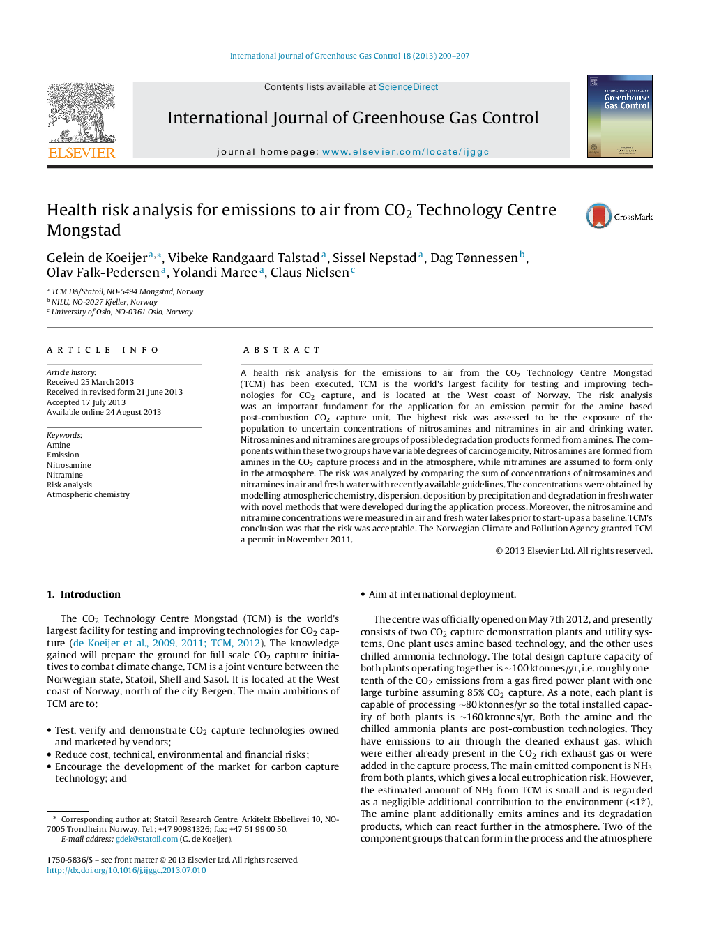 Health risk analysis for emissions to air from CO2 Technology Centre Mongstad