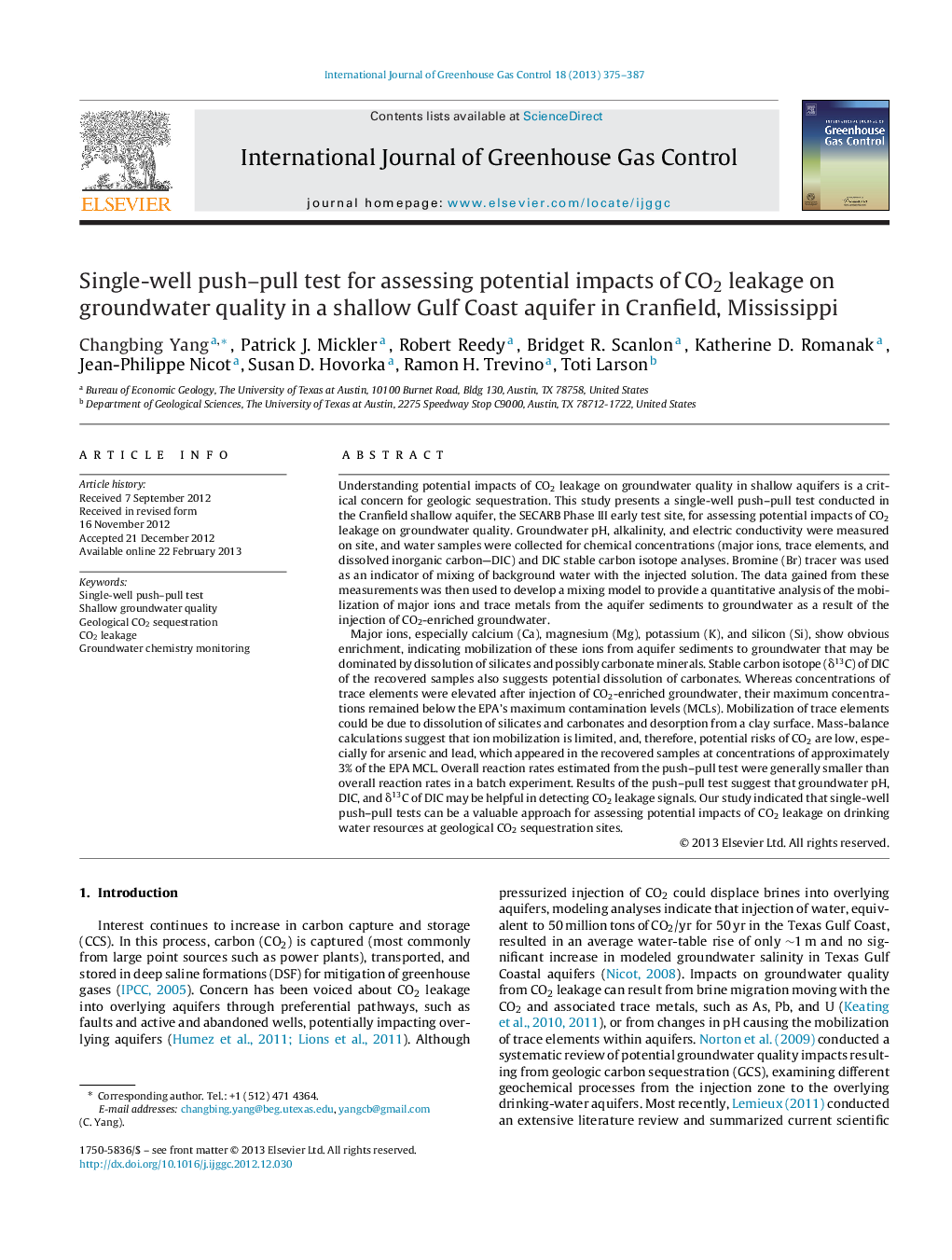 Single-well push–pull test for assessing potential impacts of CO2 leakage on groundwater quality in a shallow Gulf Coast aquifer in Cranfield, Mississippi