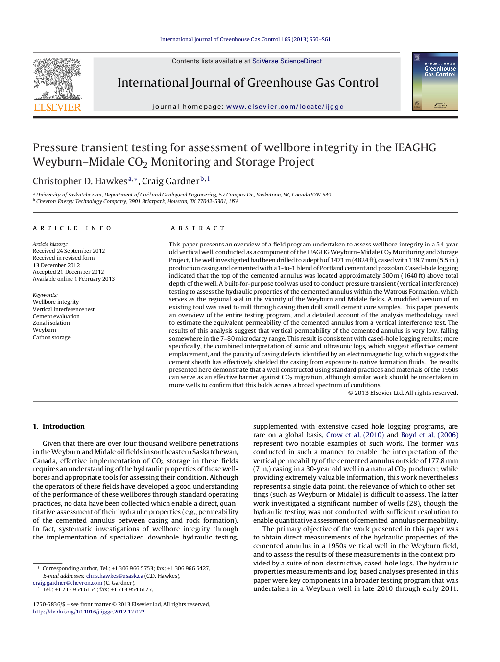 Pressure transient testing for assessment of wellbore integrity in the IEAGHG Weyburn-Midale CO2 Monitoring and Storage Project