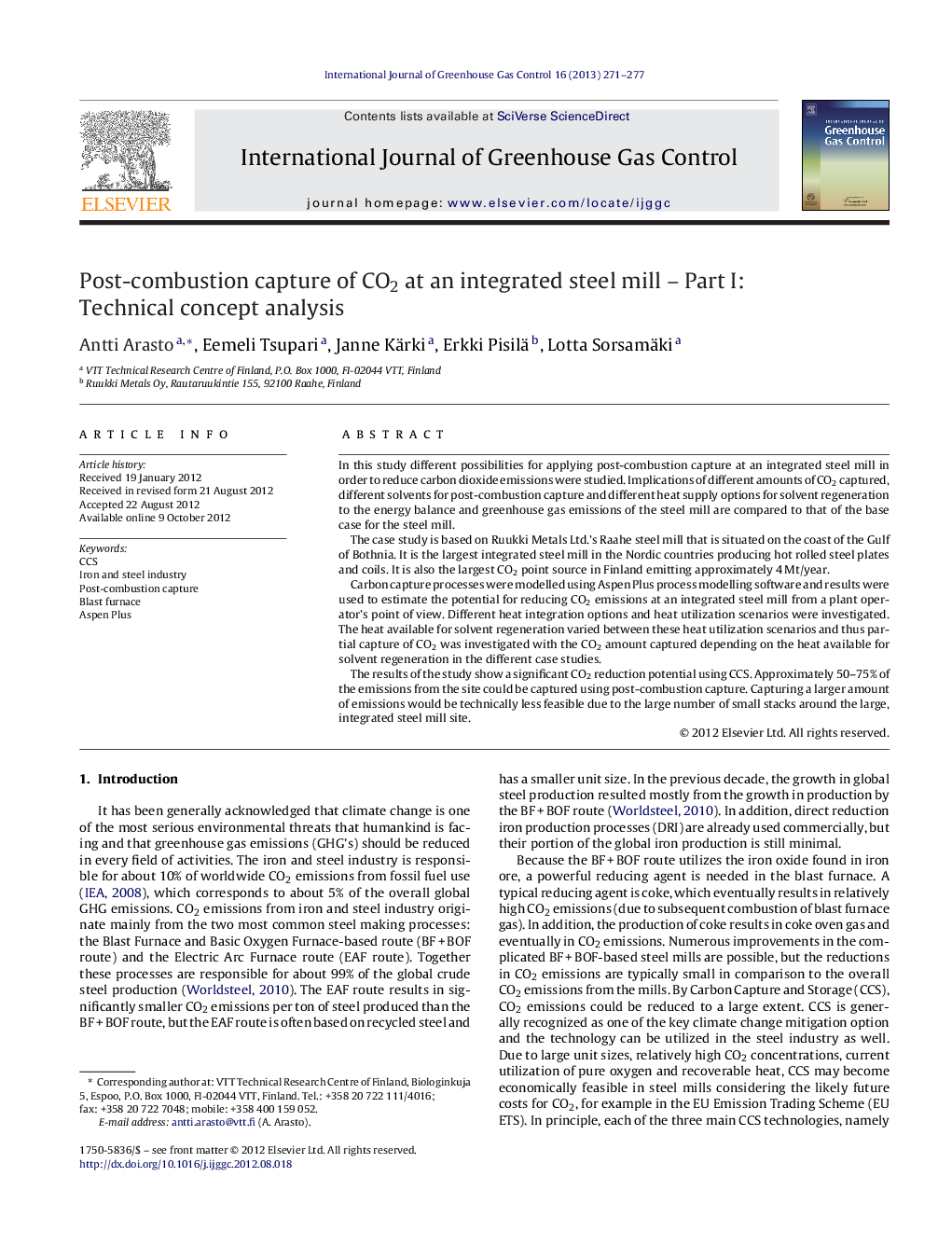 Post-combustion capture of CO2 at an integrated steel mill – Part I: Technical concept analysis