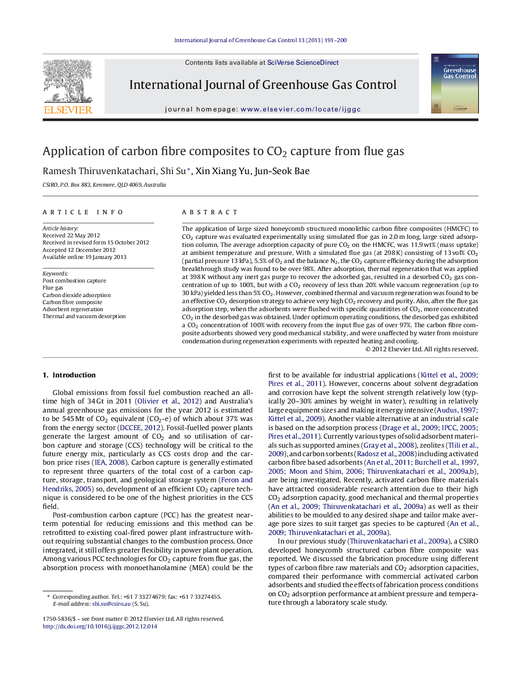 Application of carbon fibre composites to CO2 capture from flue gas