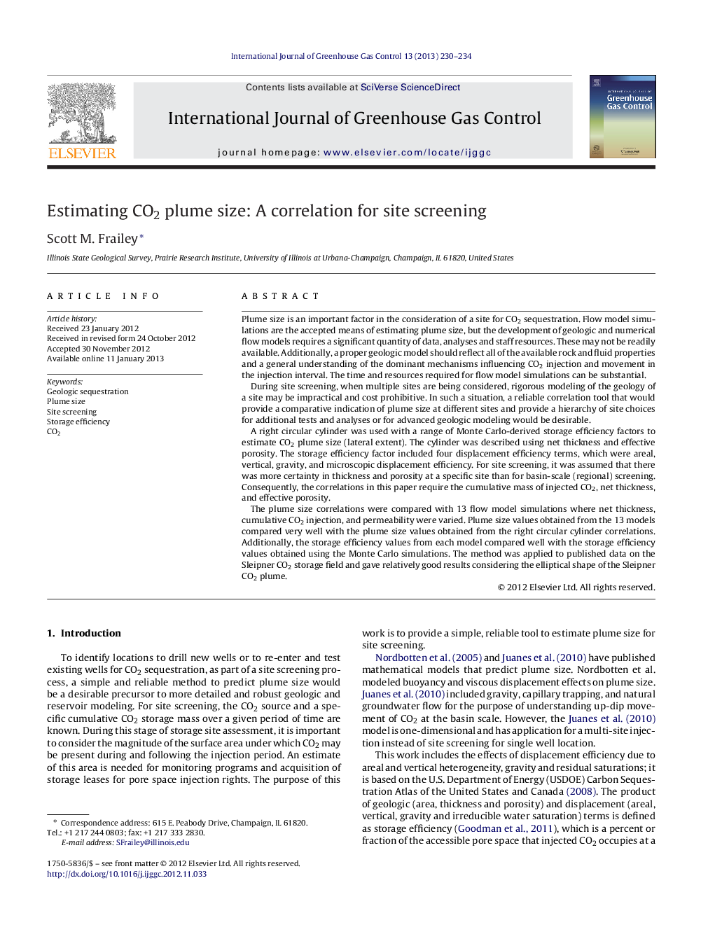 Estimating CO2 plume size: A correlation for site screening