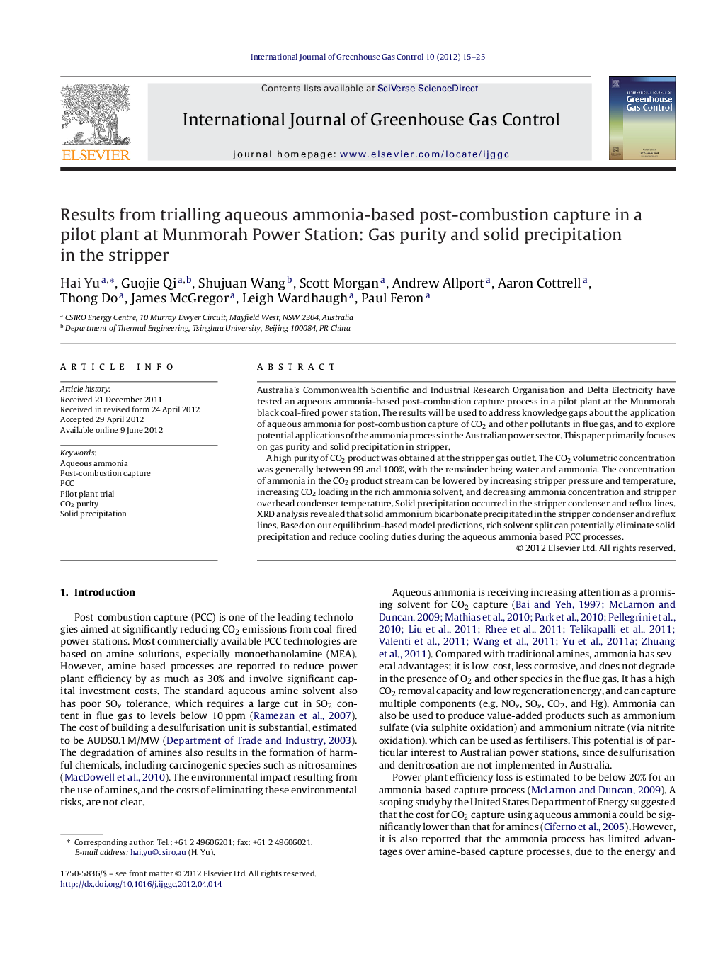 Results from trialling aqueous ammonia-based post-combustion capture in a pilot plant at Munmorah Power Station: Gas purity and solid precipitation in the stripper