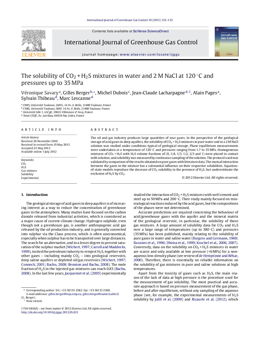 The solubility of CO2 + H2S mixtures in water and 2 M NaCl at 120 °C and pressures up to 35 MPa