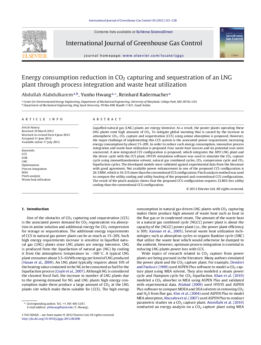 Energy consumption reduction in CO2 capturing and sequestration of an LNG plant through process integration and waste heat utilization