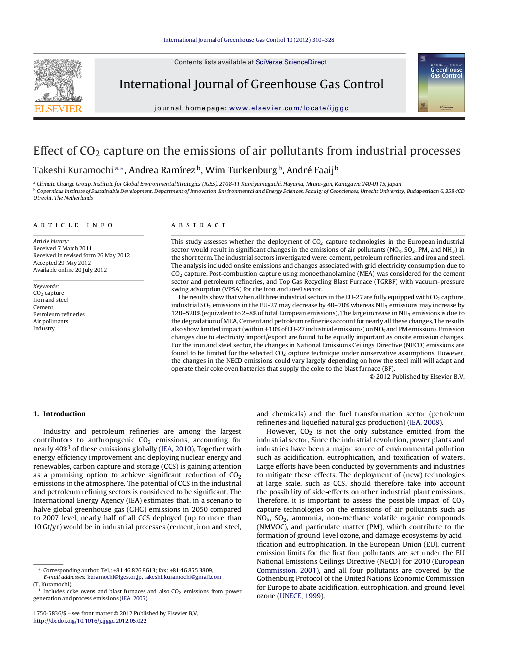 Effect of CO2 capture on the emissions of air pollutants from industrial processes