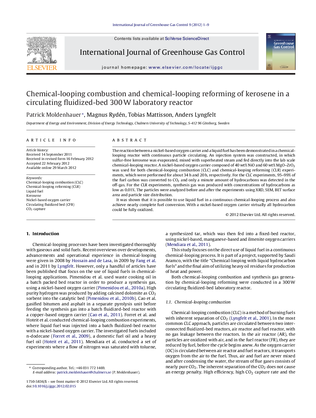 Chemical-looping combustion and chemical-looping reforming of kerosene in a circulating fluidized-bed 300Â W laboratory reactor