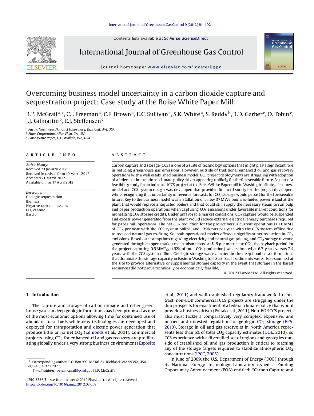 Overcoming business model uncertainty in a carbon dioxide capture and sequestration project: Case study at the Boise White Paper Mill