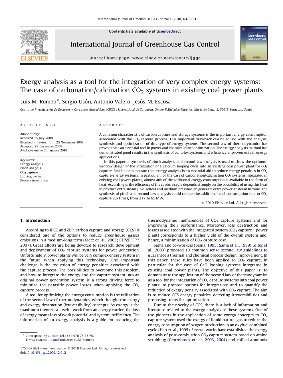 Exergy analysis as a tool for the integration of very complex energy systems: The case of carbonation/calcination CO2 systems in existing coal power plants