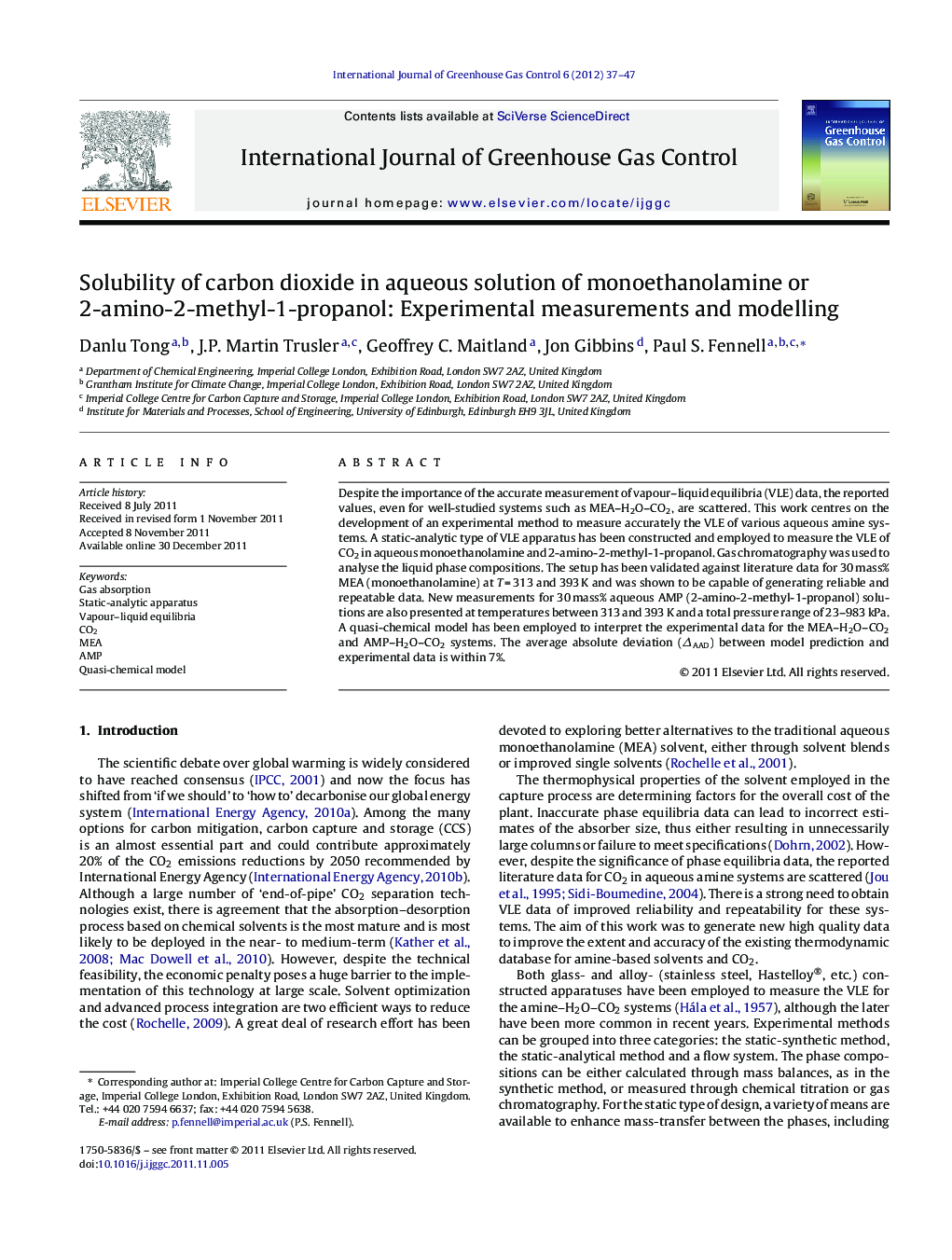 Solubility of carbon dioxide in aqueous solution of monoethanolamine or 2-amino-2-methyl-1-propanol: Experimental measurements and modelling