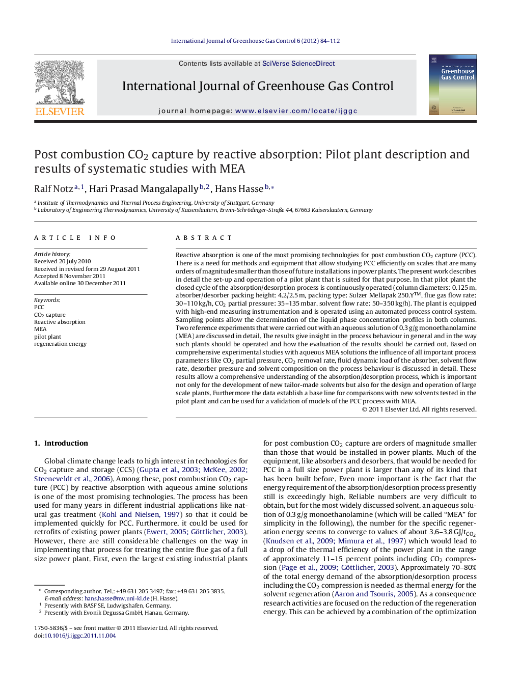 Post combustion CO2 capture by reactive absorption: Pilot plant description and results of systematic studies with MEA