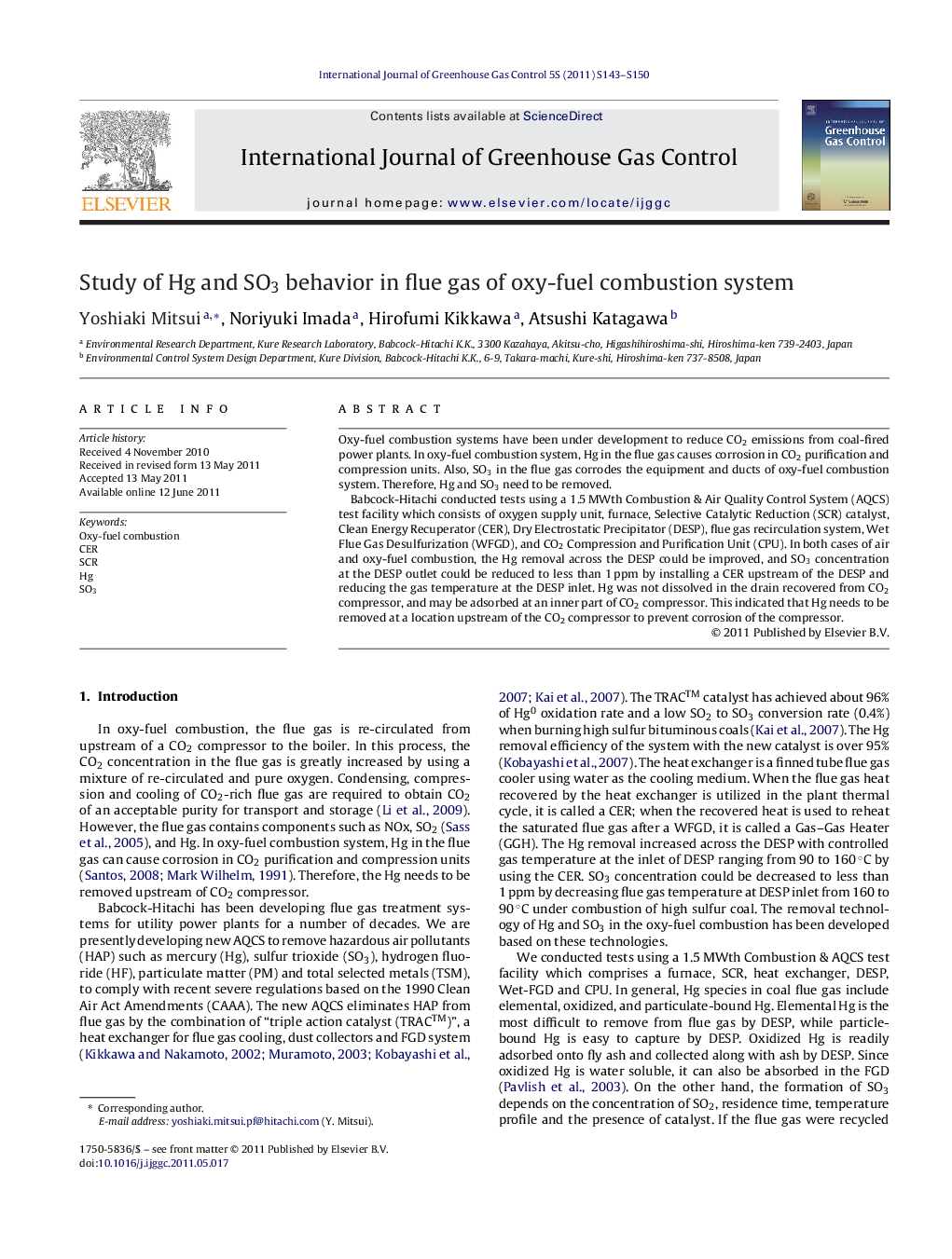 Study of Hg and SO3 behavior in flue gas of oxy-fuel combustion system