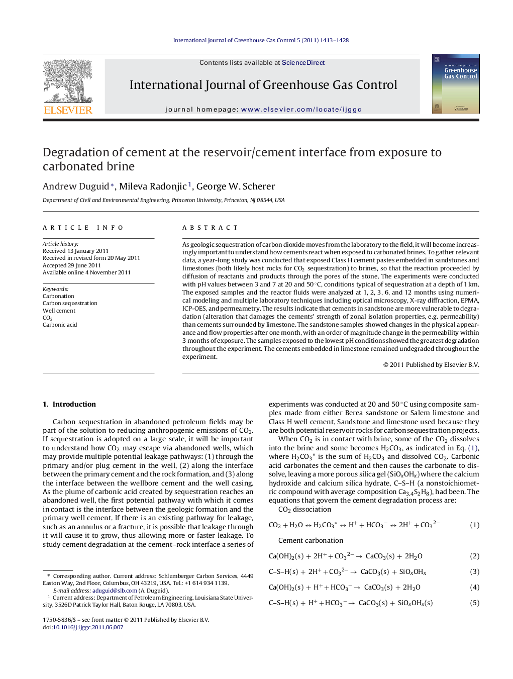 Degradation of cement at the reservoir/cement interface from exposure to carbonated brine