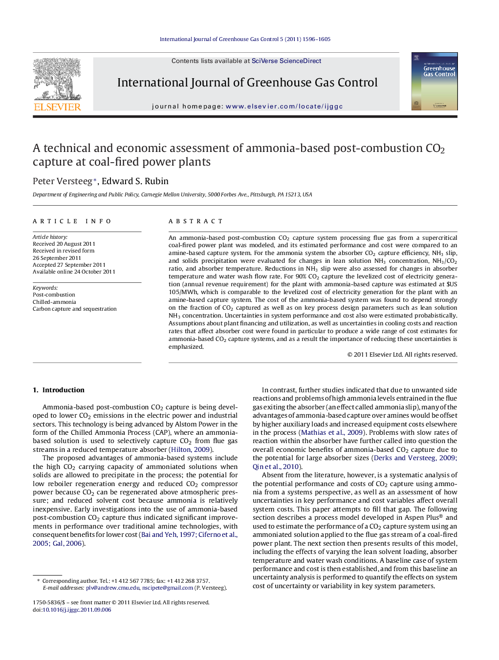 A technical and economic assessment of ammonia-based post-combustion CO2 capture at coal-fired power plants