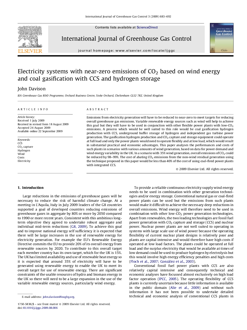 Electricity systems with near-zero emissions of CO2 based on wind energy and coal gasification with CCS and hydrogen storage