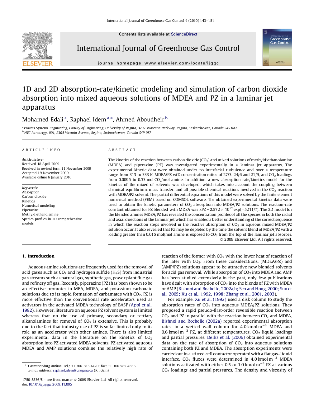 1D and 2D absorption-rate/kinetic modeling and simulation of carbon dioxide absorption into mixed aqueous solutions of MDEA and PZ in a laminar jet apparatus