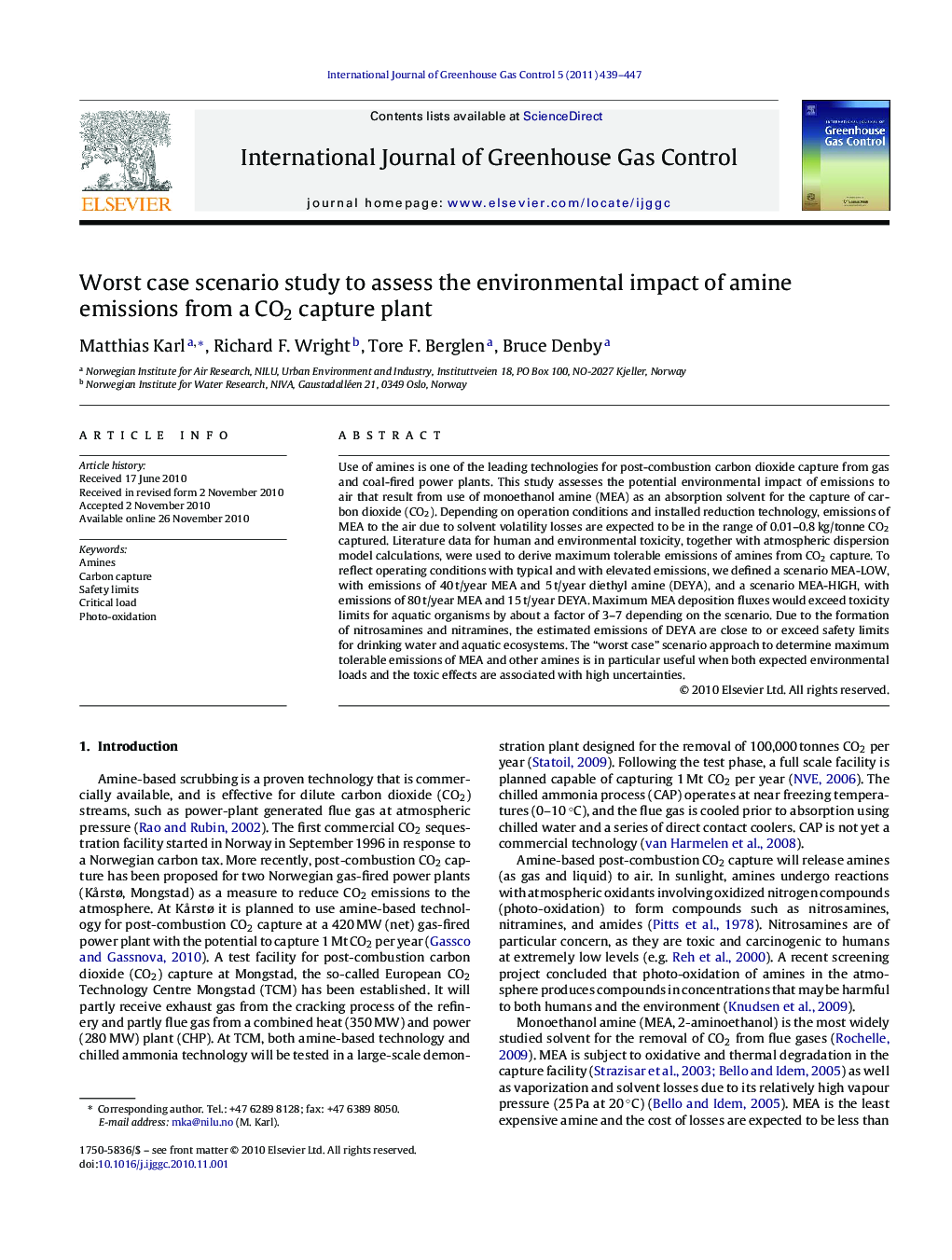 Worst case scenario study to assess the environmental impact of amine emissions from a CO2 capture plant