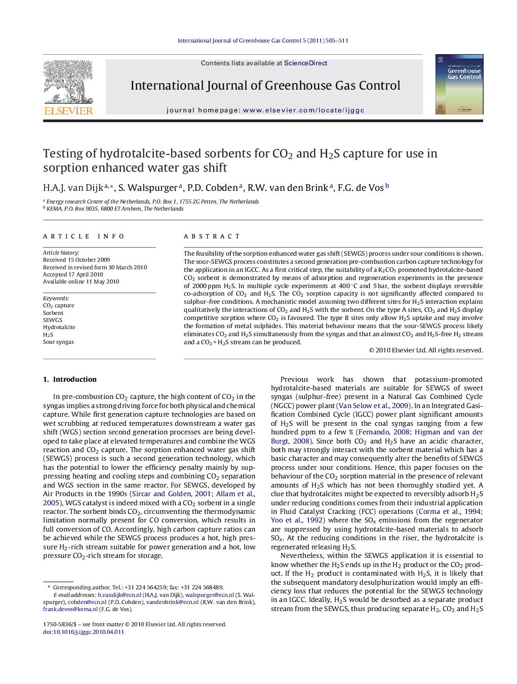 Testing of hydrotalcite-based sorbents for CO2 and H2S capture for use in sorption enhanced water gas shift