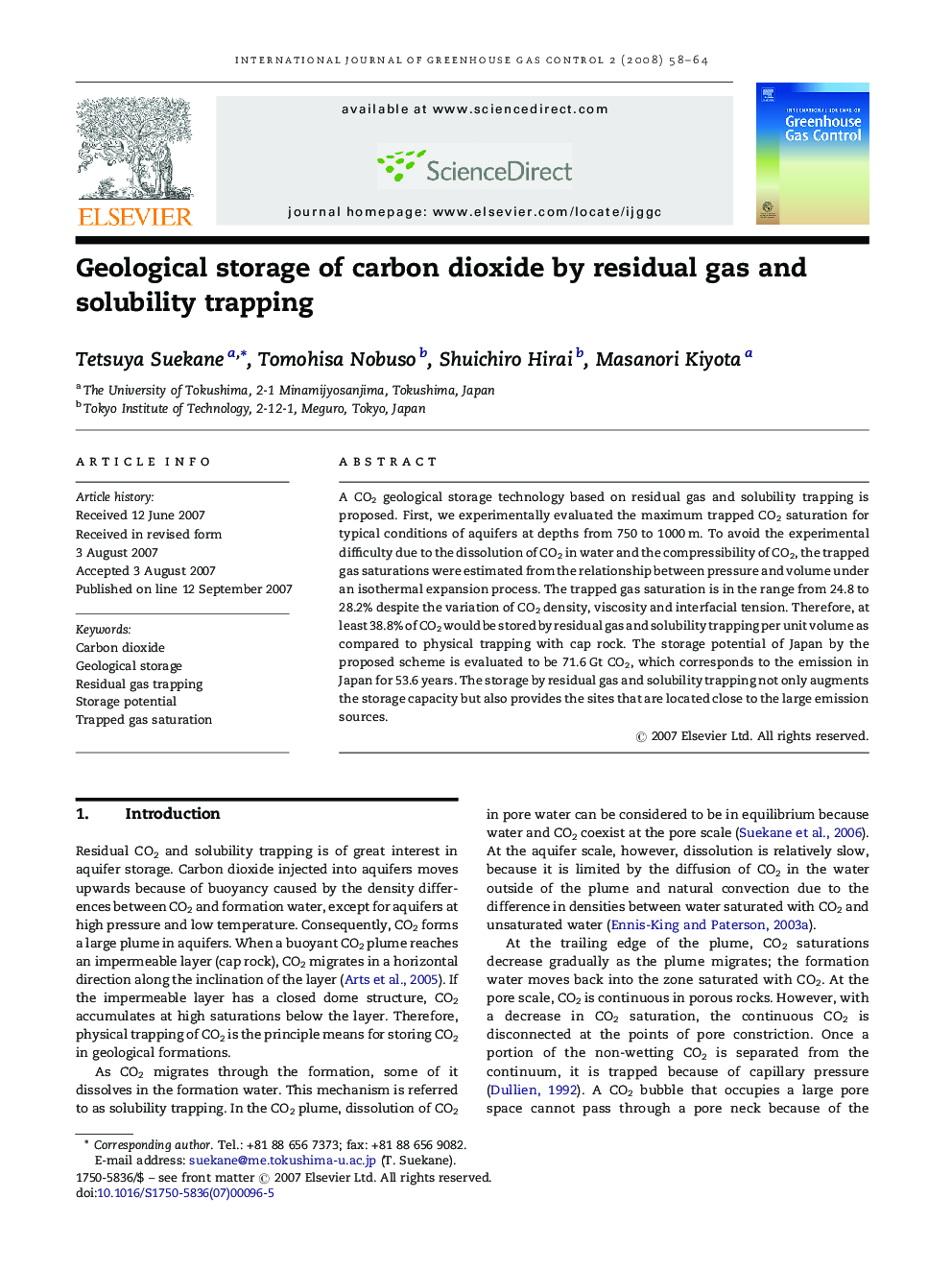 Geological storage of carbon dioxide by residual gas and solubility trapping