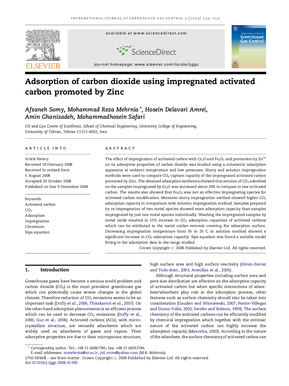 Adsorption of carbon dioxide using impregnated activated carbon promoted by Zinc