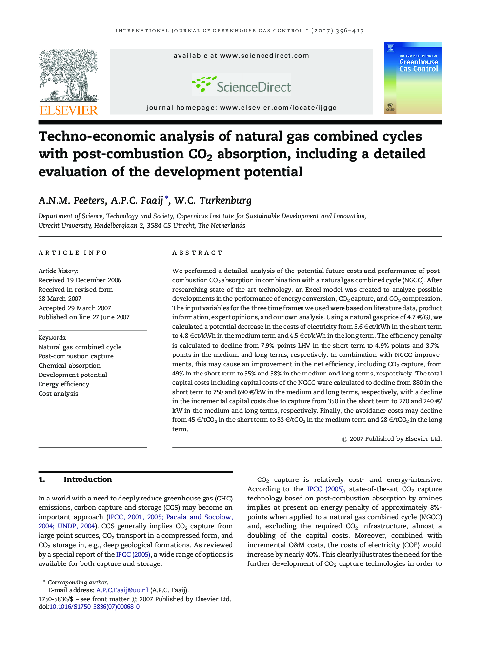Techno-economic analysis of natural gas combined cycles with post-combustion CO2 absorption, including a detailed evaluation of the development potential
