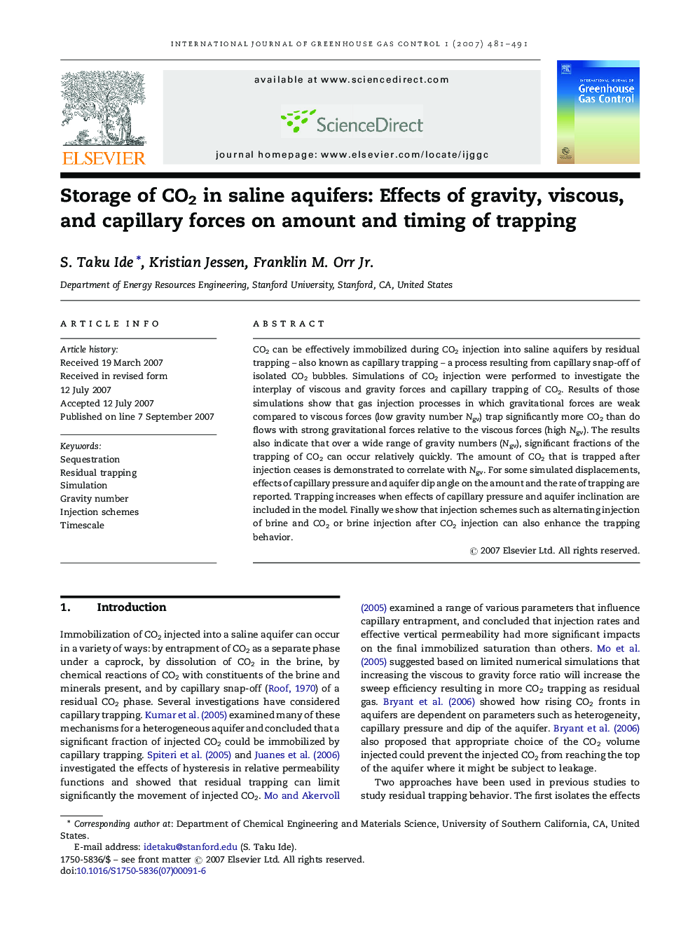 Storage of CO2 in saline aquifers: Effects of gravity, viscous, and capillary forces on amount and timing of trapping
