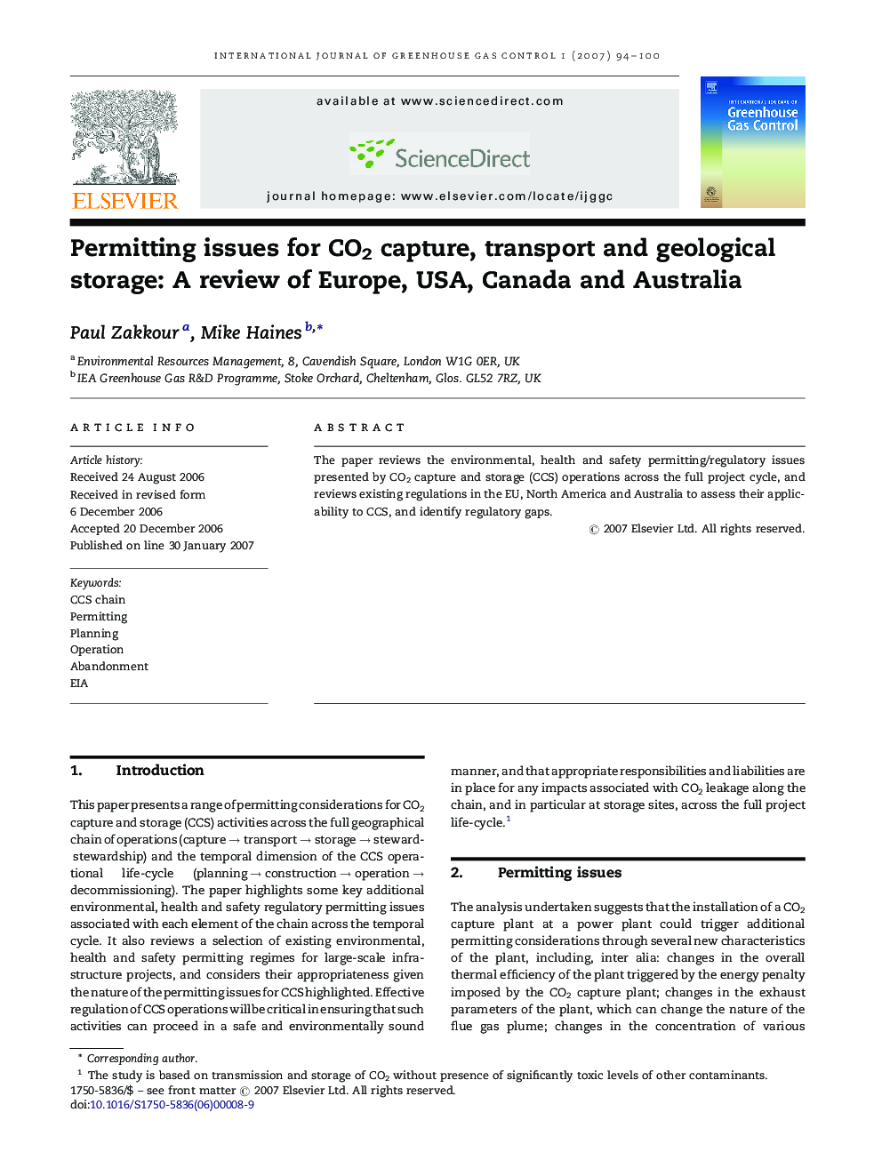 Permitting issues for CO2 capture, transport and geological storage: A review of Europe, USA, Canada and Australia