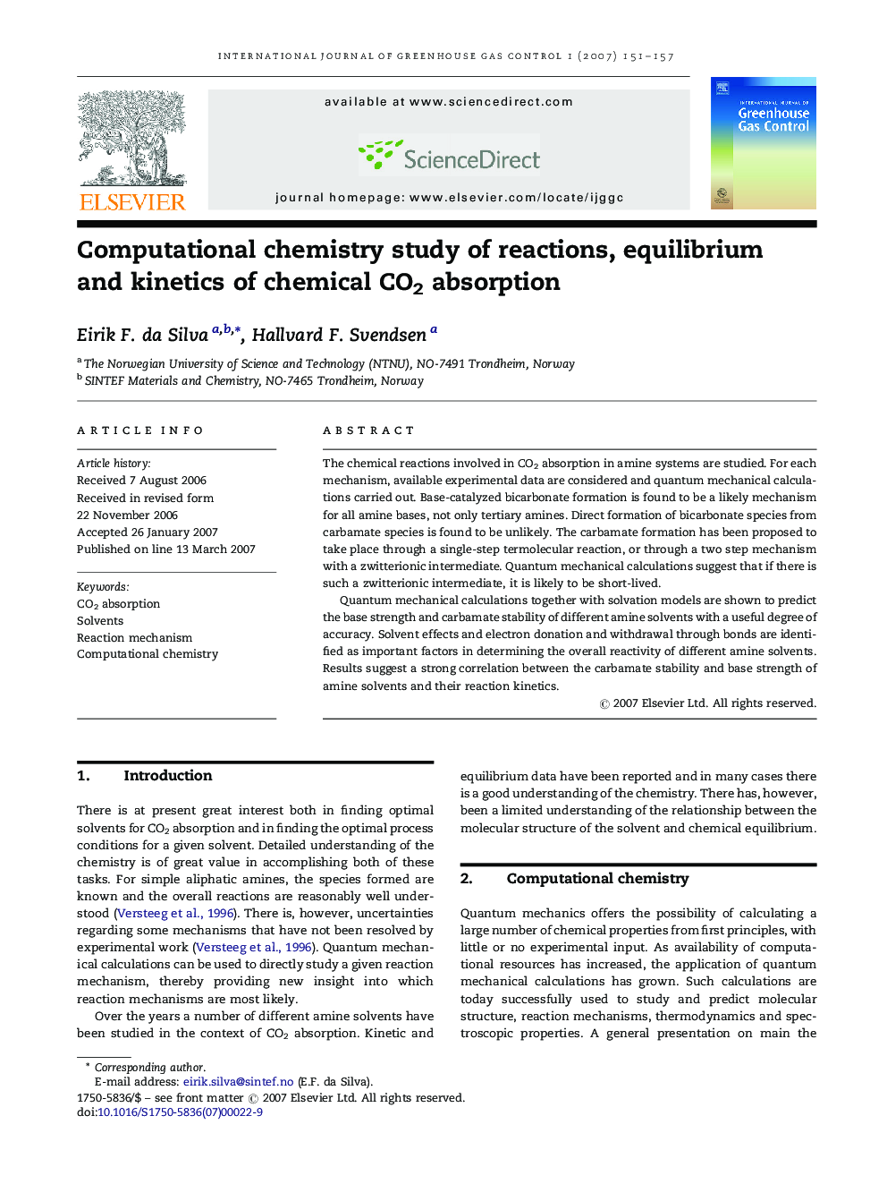 Computational chemistry study of reactions, equilibrium and kinetics of chemical CO2 absorption