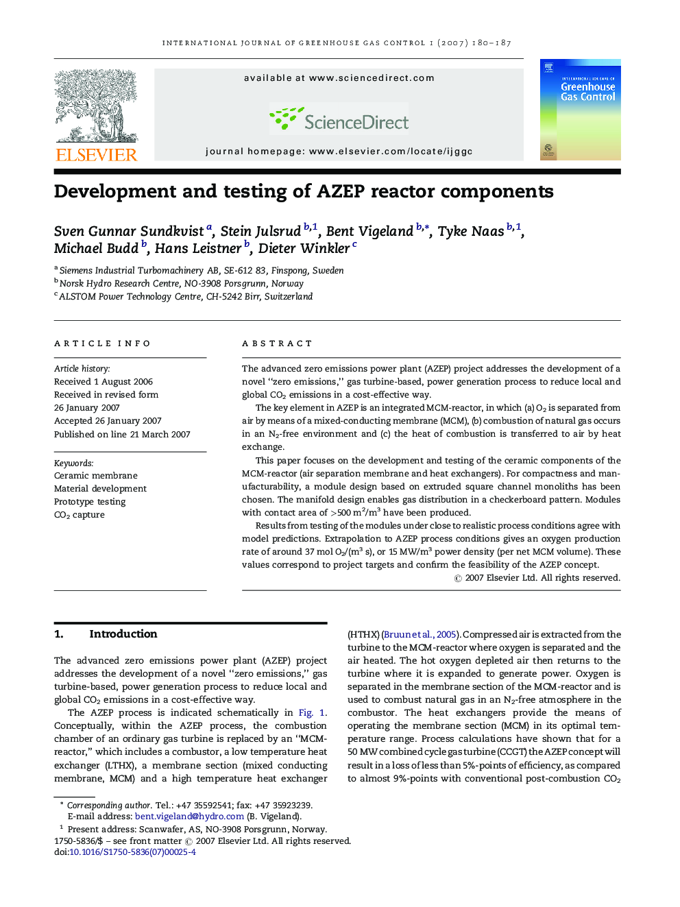 Development and testing of AZEP reactor components