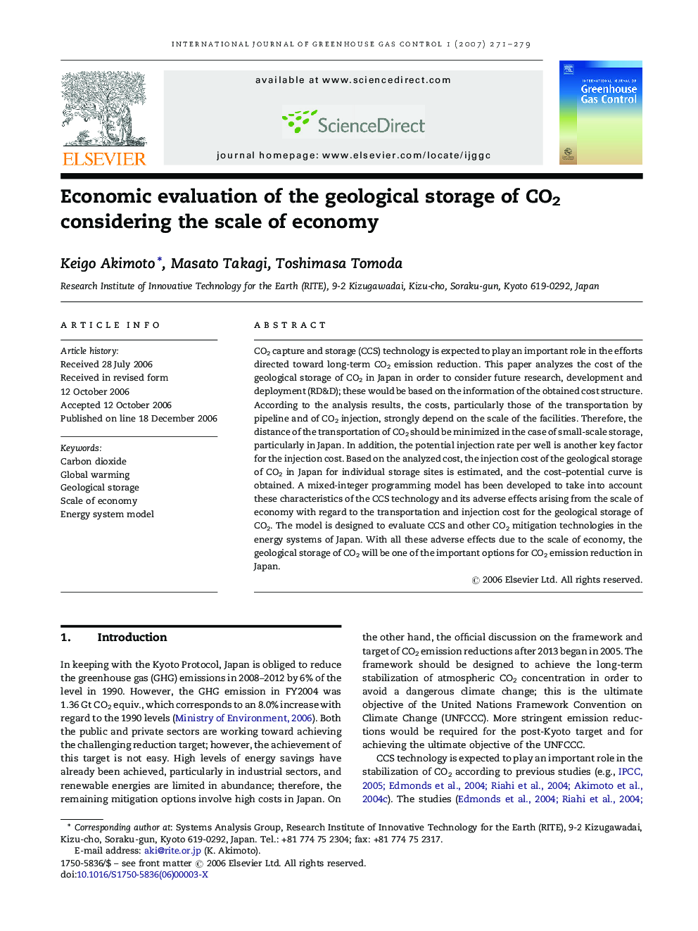 Economic evaluation of the geological storage of CO2 considering the scale of economy