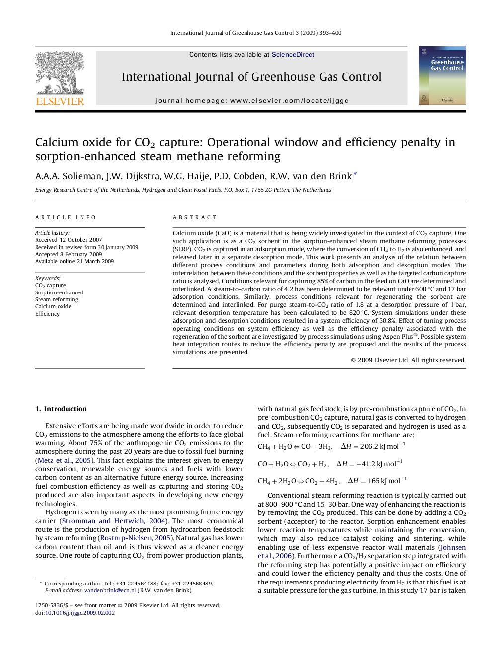 Calcium oxide for CO2 capture: Operational window and efficiency penalty in sorption-enhanced steam methane reforming