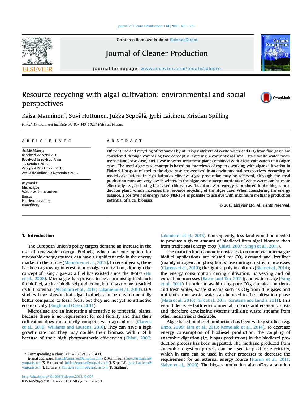 Resource recycling with algal cultivation: environmental and social perspectives