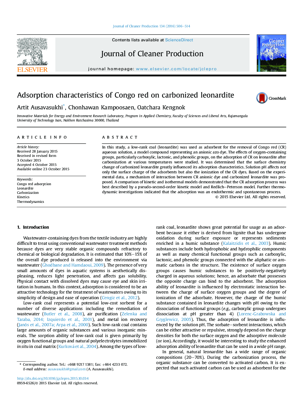 Adsorption characteristics of Congo red on carbonized leonardite