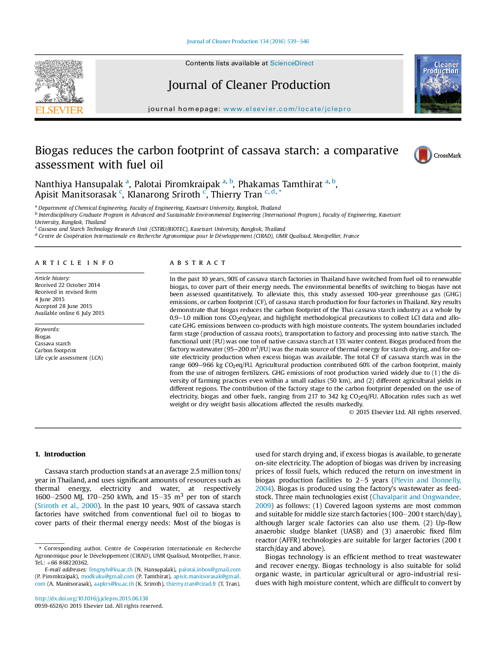 Biogas reduces the carbon footprint of cassava starch: a comparative assessment with fuel oil