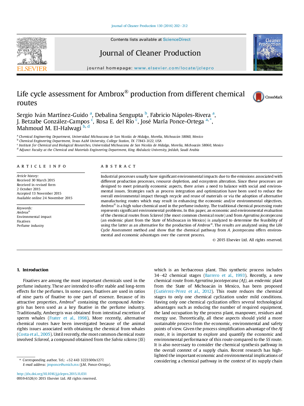 عکس صفحه اول مقاله: Life cycle assessment for Ambrox® production from different chemical routes Life cycle assessment for Ambrox® production from different chemical routes