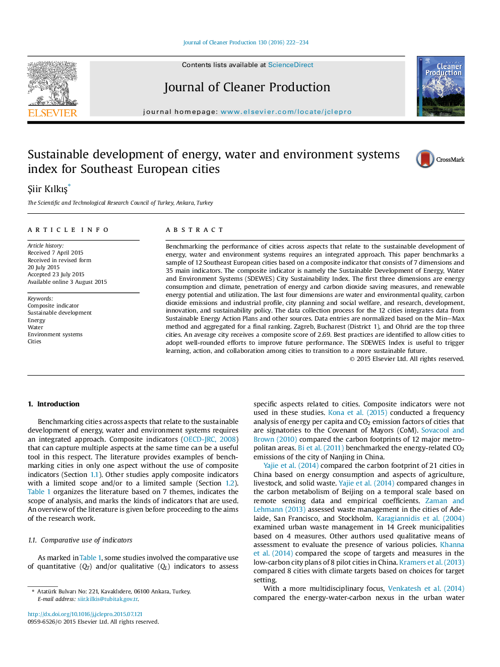 Sustainable development of energy, water and environment systems index for Southeast European cities