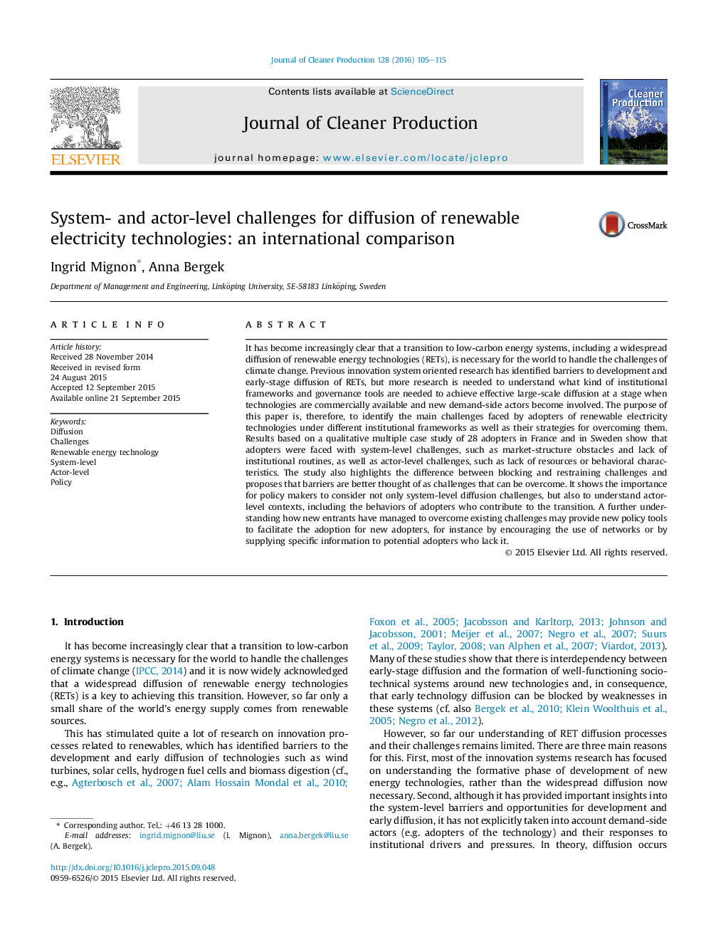 System- and actor-level challenges for diffusion of renewable electricity technologies: an international comparison